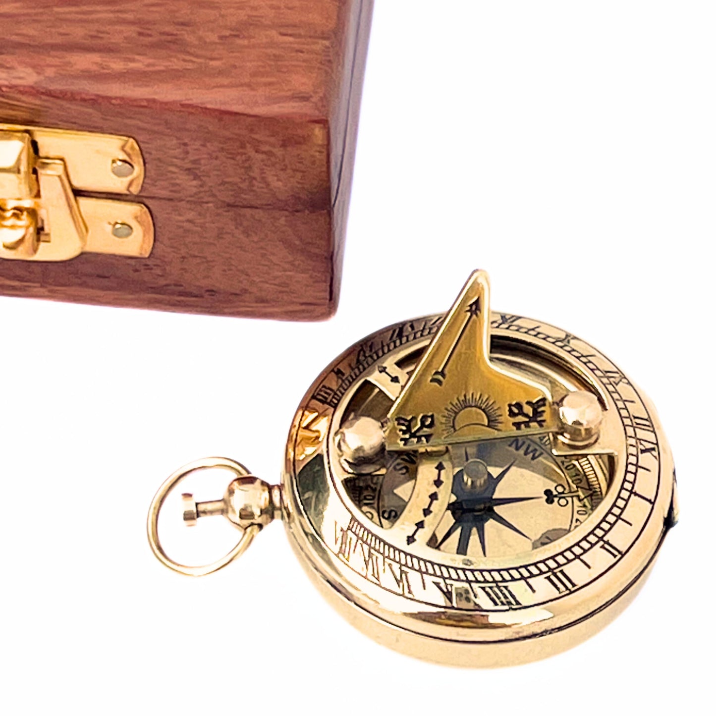 Marine Sundial Compass with Antique Nautical Solid Pocket Compass in Box Vintage Polish with Brass Finish Navigate Device Collection