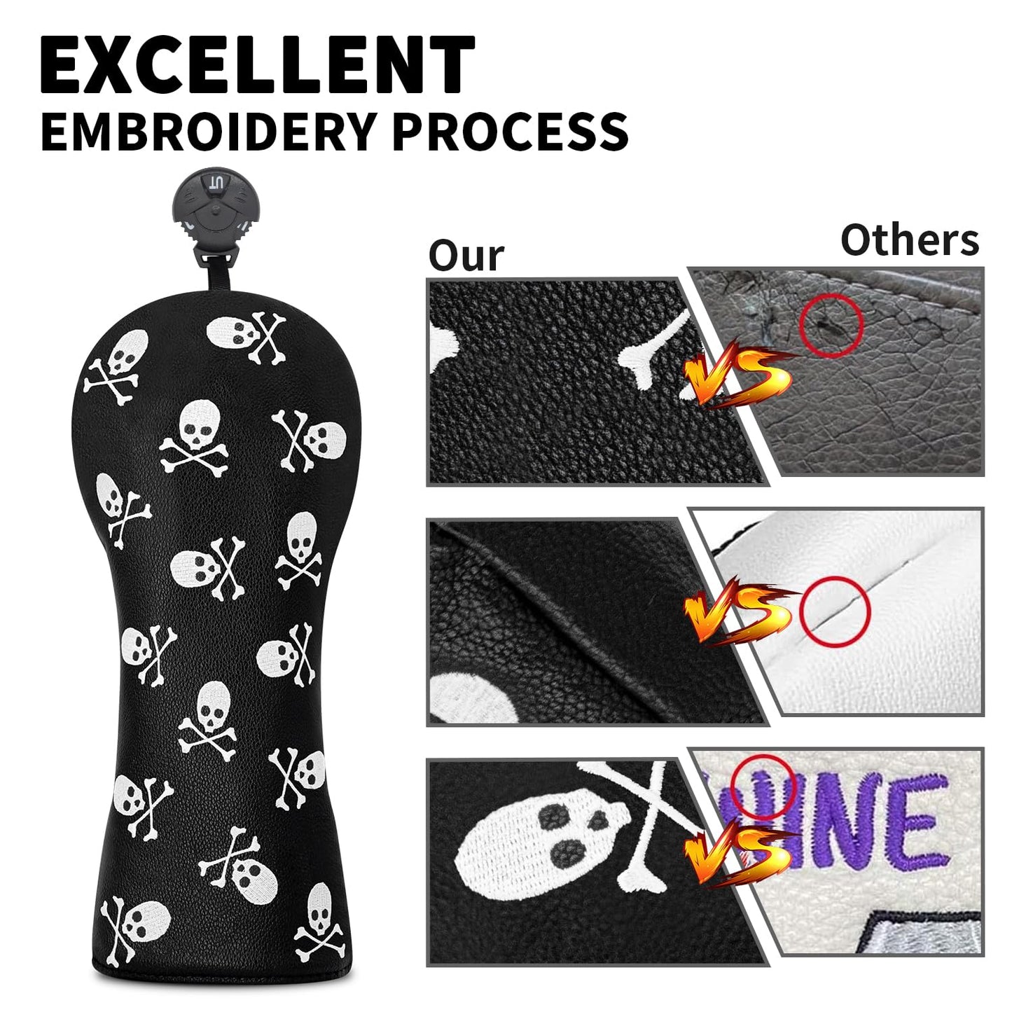 Golf Head Cover Golf Club Black Little Skull Golf Covers PU Headcovers Set Fits Driver Fairway Hybrid Woods Iron Wedge Headcover. (Hybrid)