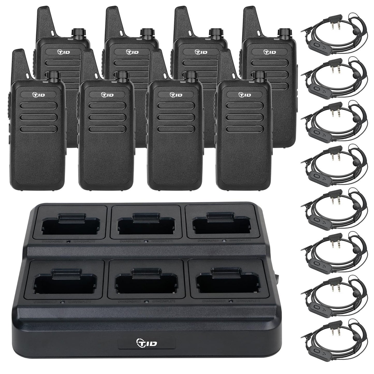 TIDRADIO TD-M8s Walkie Talkies for Adults with Earpiece (8 Pack) Long Range Two Way Radio with 6 Way Multi Gang Charger and USB Charger for Warehouse Business Church and Retail