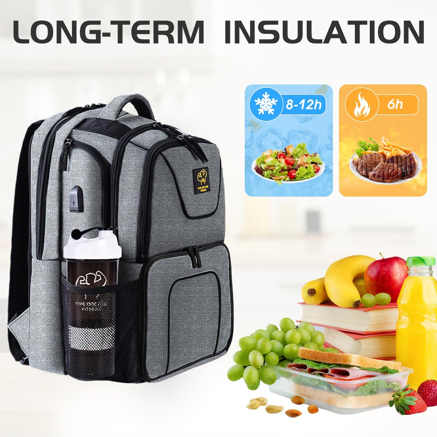 519 Fitness Meal Prep Backpack,Insulated Cooler Lunch Backpack with Computer Compartment,Hiking Picnic Cooler Rucksack for Men and Women,3 Meal Containers,2 Ice Packs and Protein Shaker(Grey)