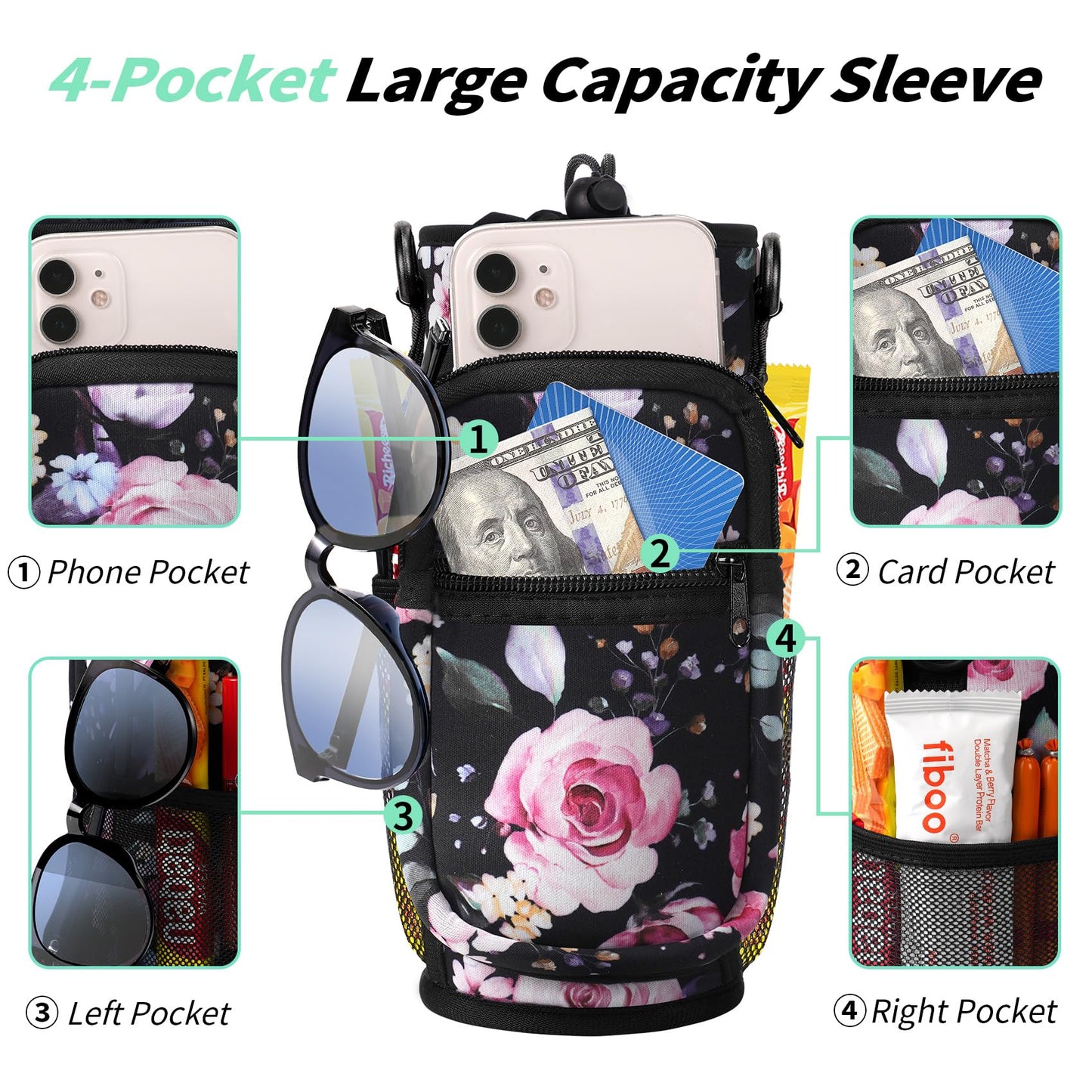 AceTreker 32 oz 40 oz Water Bottle Carrier Bag with Strap and 4 Pockets, Neoprene Sports Crossbody Water Bottle Sleeve Bag for Walking Hiking Travelling Camping-Black Flower