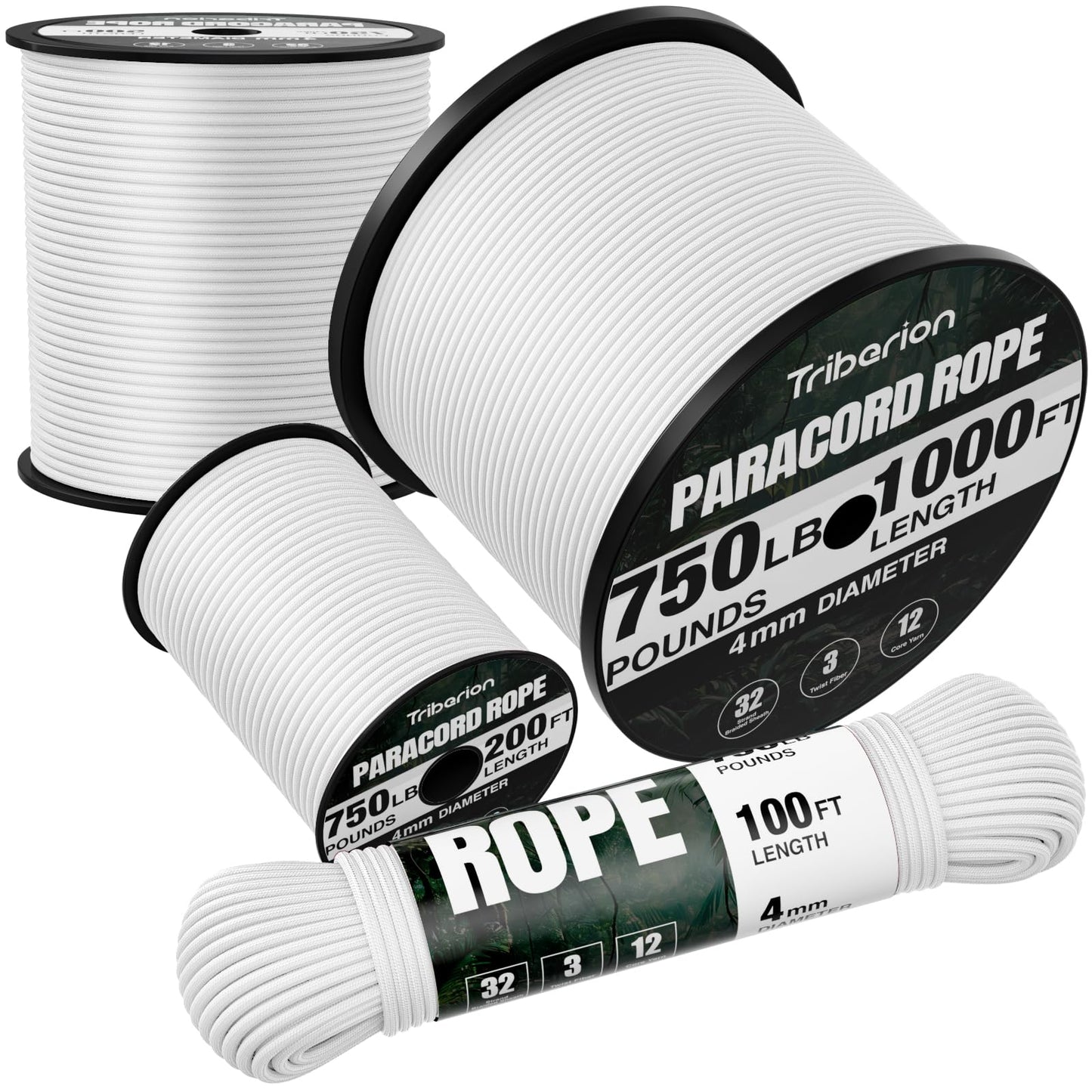 TRIBERION Paracord Rope 750 lb - 1000ft 5/32" Parachute Cord 4MM 12-Strand para Cord - Heavy Duty Spool String for Survival,Camping Gear, Survival Bracelet, Clothesline - White
