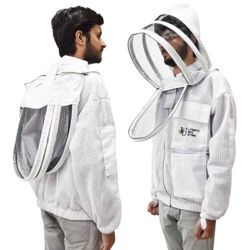 Ultimate Bee Store Ultra Ventilated Bee Jacket Beekeepers 3 Layer Beekeeping Jacket Sting Resistant Apiarist Jacket for Men & Women with Pair of Gloves (White Fencing Veil, Large)