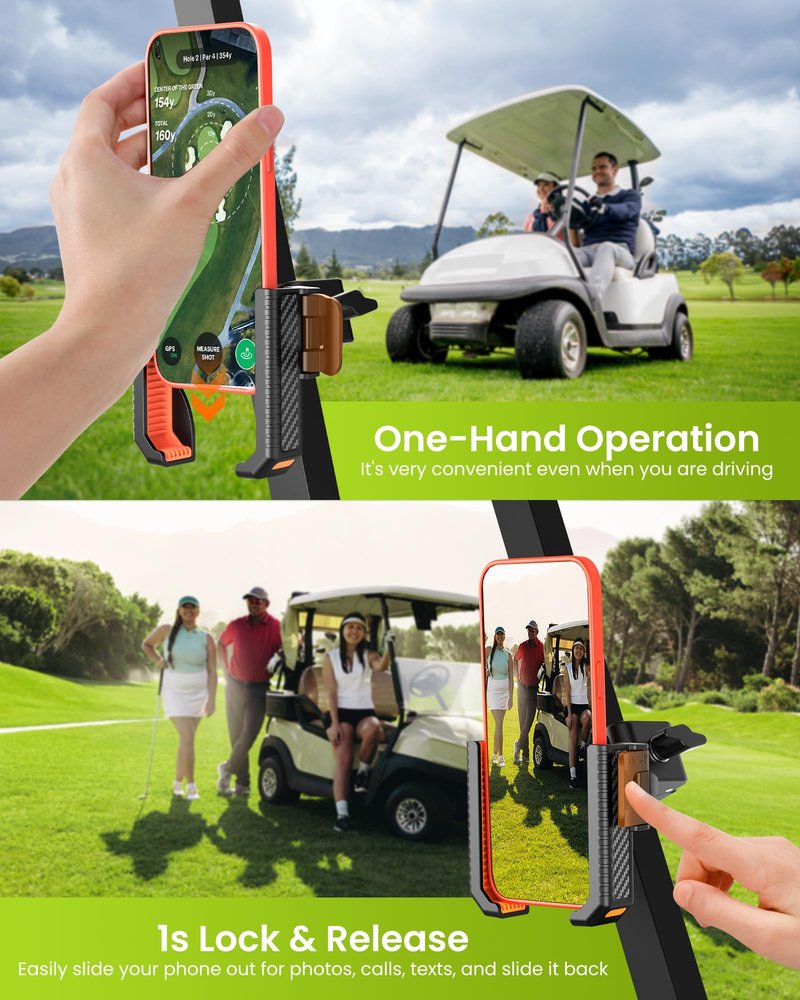 Smerkod Golf Cart Phone Holder Mount - 3s Phone Clip Install, 1s Lock & Release, Fathers Day Golf Gifts for Men Dad Husband Him Golfer, Golf Accessories Essentials Gadgets Fits Club Car, EZGO, Yamaha