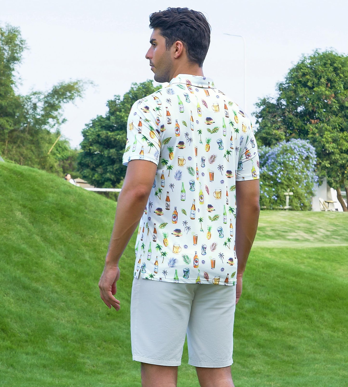 Alex Vando Mens Hawaiian Golf Shirt Moisture Wicking Digital Print Golf Shirts for Men,White Beer,L