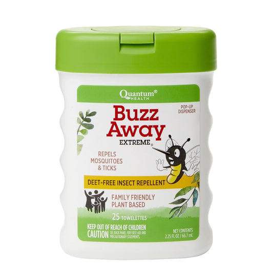 Quantum Health Buzz Away Extreme Insect Repellent Wipes DEET Free Cedarwood Lemongrass & Citronella Oil Outdoor Mosquito & Tick Repeller Powerful Plants Repel Bugs Off Skin, Safe for Kids - 25 Sheets