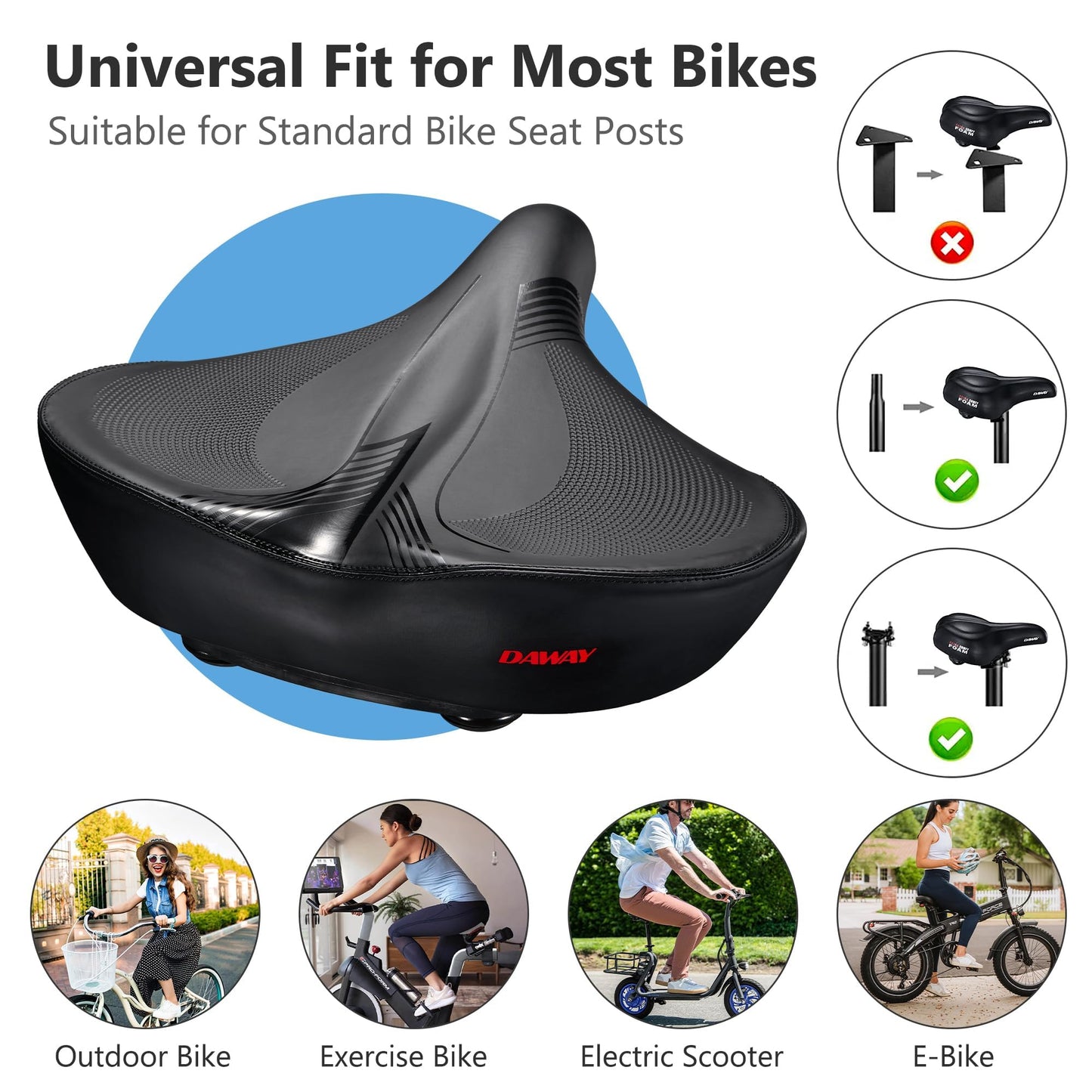 DAWAY C40 Ultra Comfortable Oversized Bike Seat - Memory Foam Padded, Extra Wide Bicycle Saddle, Ergonomic Replacement Cushion for Men Women - Fits for Peloton, Cruiser, Mountain, Road, Exercise Bikes