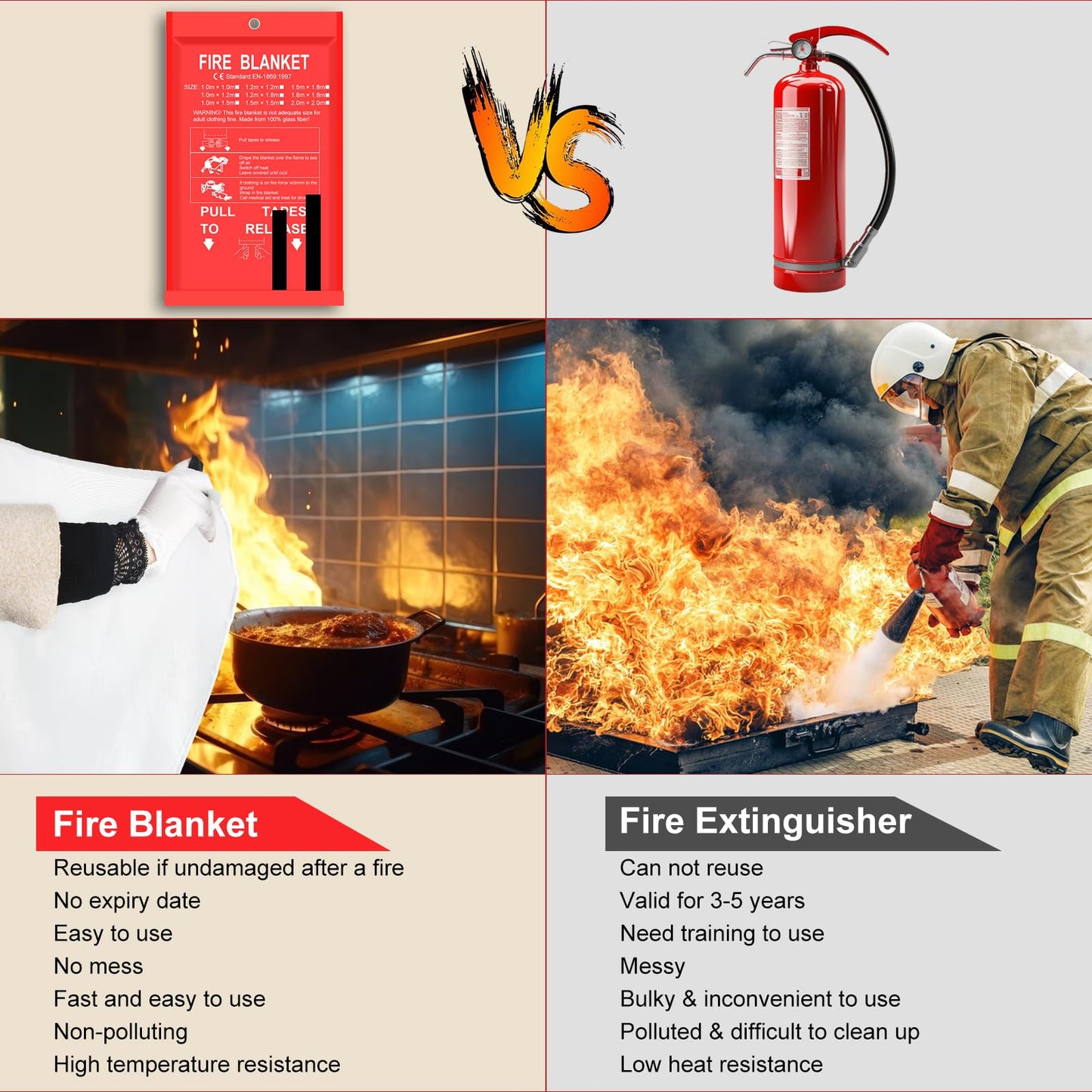 RAOARA Fire Blanket - 2 Pack 40" x 40" Fire Blanket for Home and Kitchen, Flame Suppression Fiberglass Fire Blankets for House, Camping, Grill, Car, Office, Warehouse, Emergency Fire Blanket