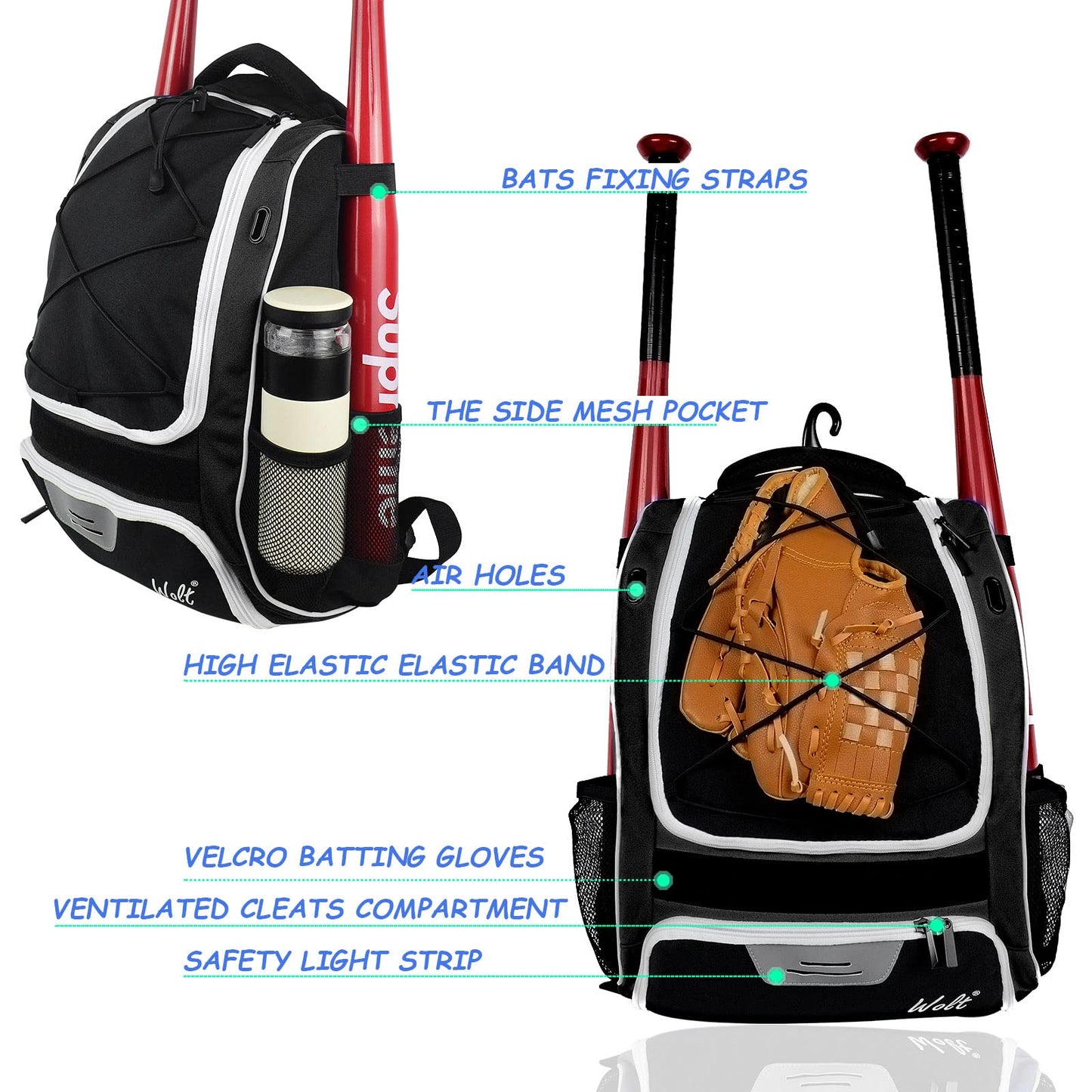 WOLT | Youth Baseball Backpack Bag for Baseball, Softball & T-Ball Equipment & Gear, Youth Boys and Adults, with Holder for Bat, Helmet, Glove, & Shoes Compartment & Fence Hook (Black)