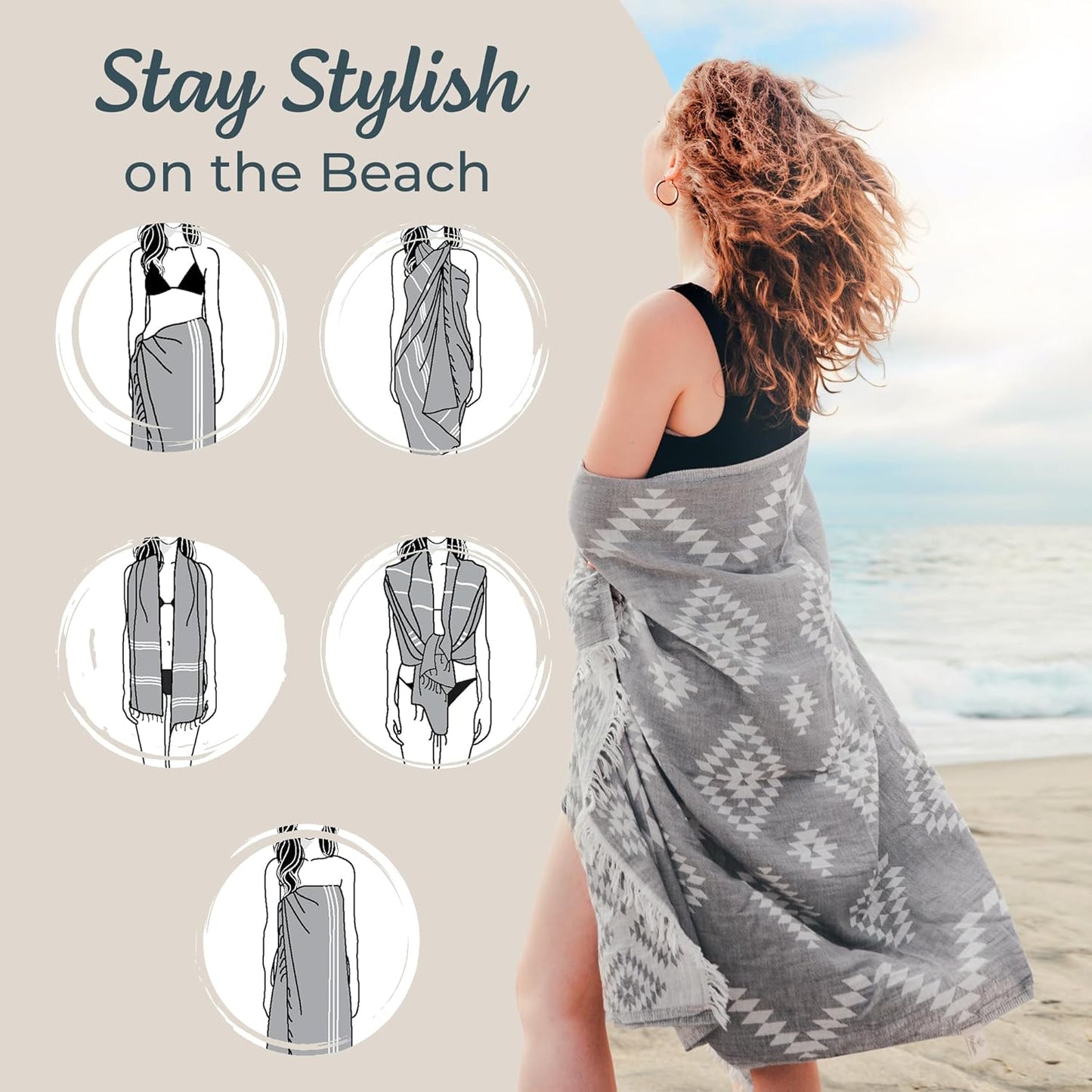 Turkish Beach Towel - Lightweight Quick Dry 100% Cotton | Vintage Dark Grey 35"x67"