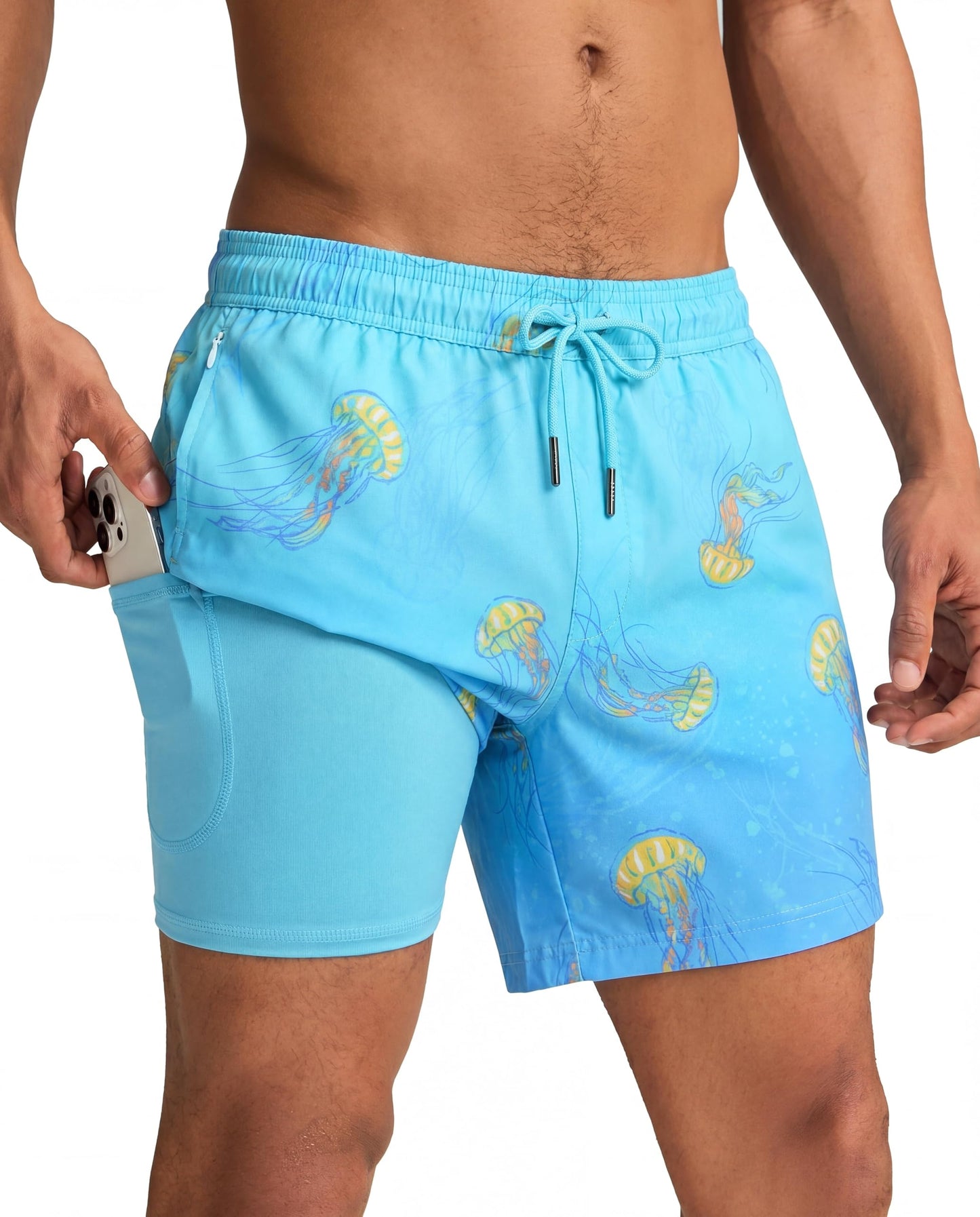 maamgic Mens Swim Trunks with Compression Liner 5 Inch, Quick Dry Bathing Suit with Zipper Pockets, Stretch No-Chafing Swim Shorts, Medusa XX-Large