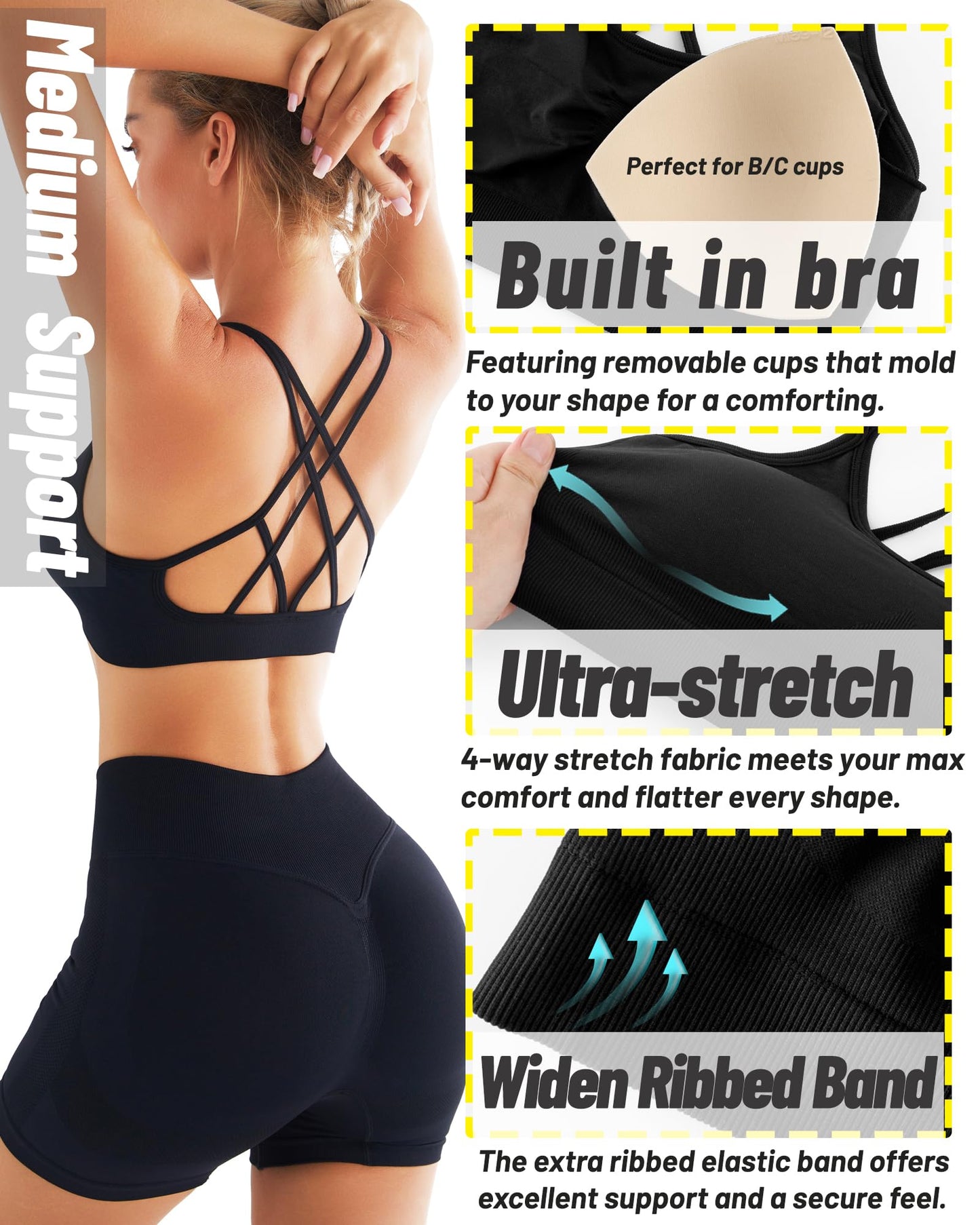 RUNNING GIRL Sports Bra for Women,Padded Strappy Sports Bra with Removable Cups Medium Support Workout Yoga Gym Bra(2942 Black S)