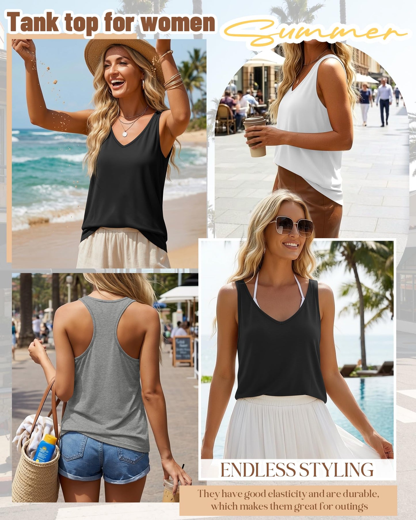 Huukeay 3 Pack Women's Tank Tops V Neck Racerback Tops Loose Fit Summer Casual Sleeveless Tee Workout Yoga Athletic Shirts(Black, White, Gray,Large)