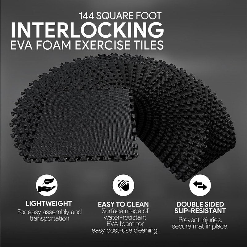 BalanceFrom Interlocking Foam Exercise Tile Mat - Non-Slip 24x24 Inch, 36-Count, Black for Home Gym & Playroom