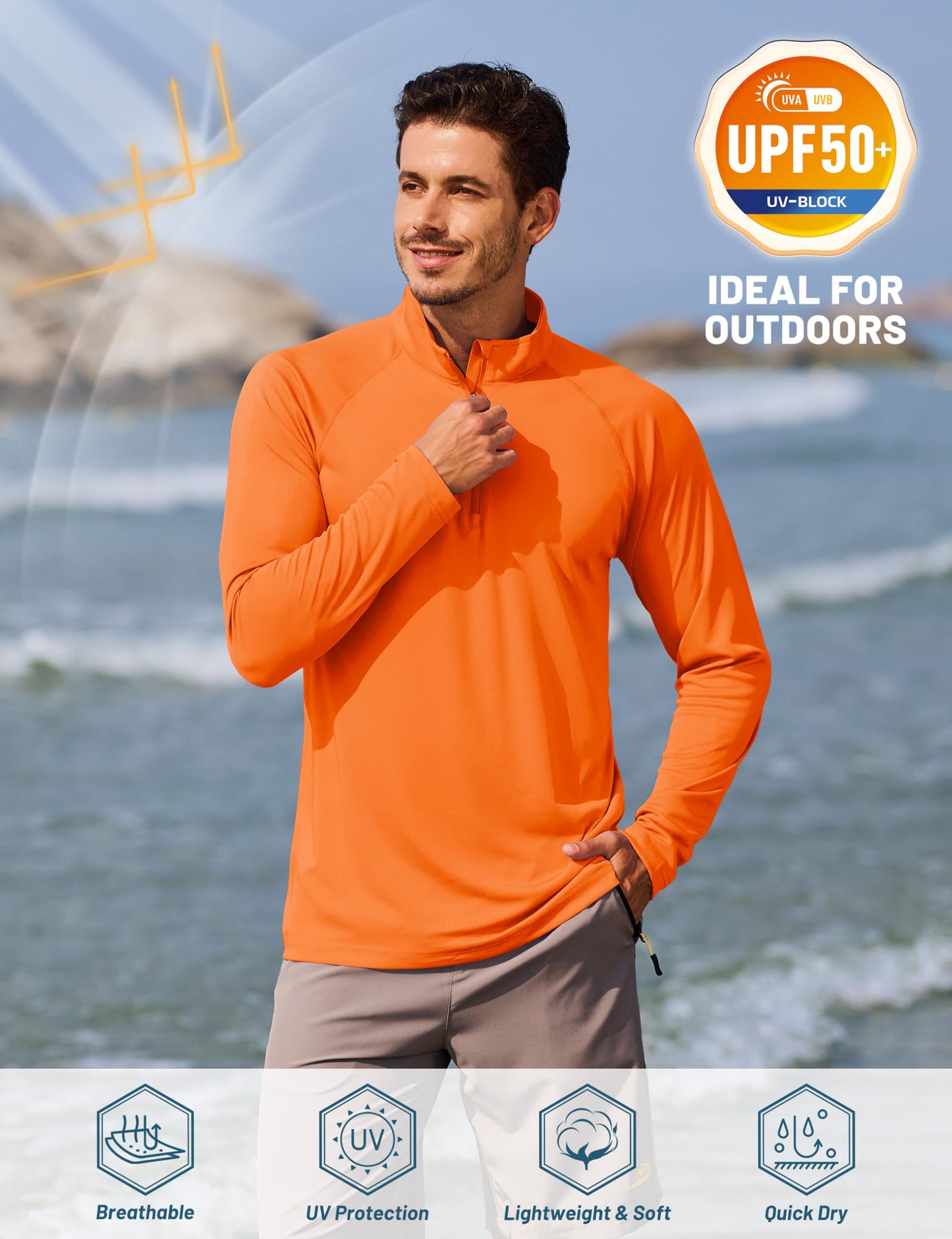 TACVASEN Running Shirts for Men Long Sleeve UV Protection 1/4 Zip Shirts for Athletic Summer Tops for Mens Rash Guard Golf T-Shirts Orange S