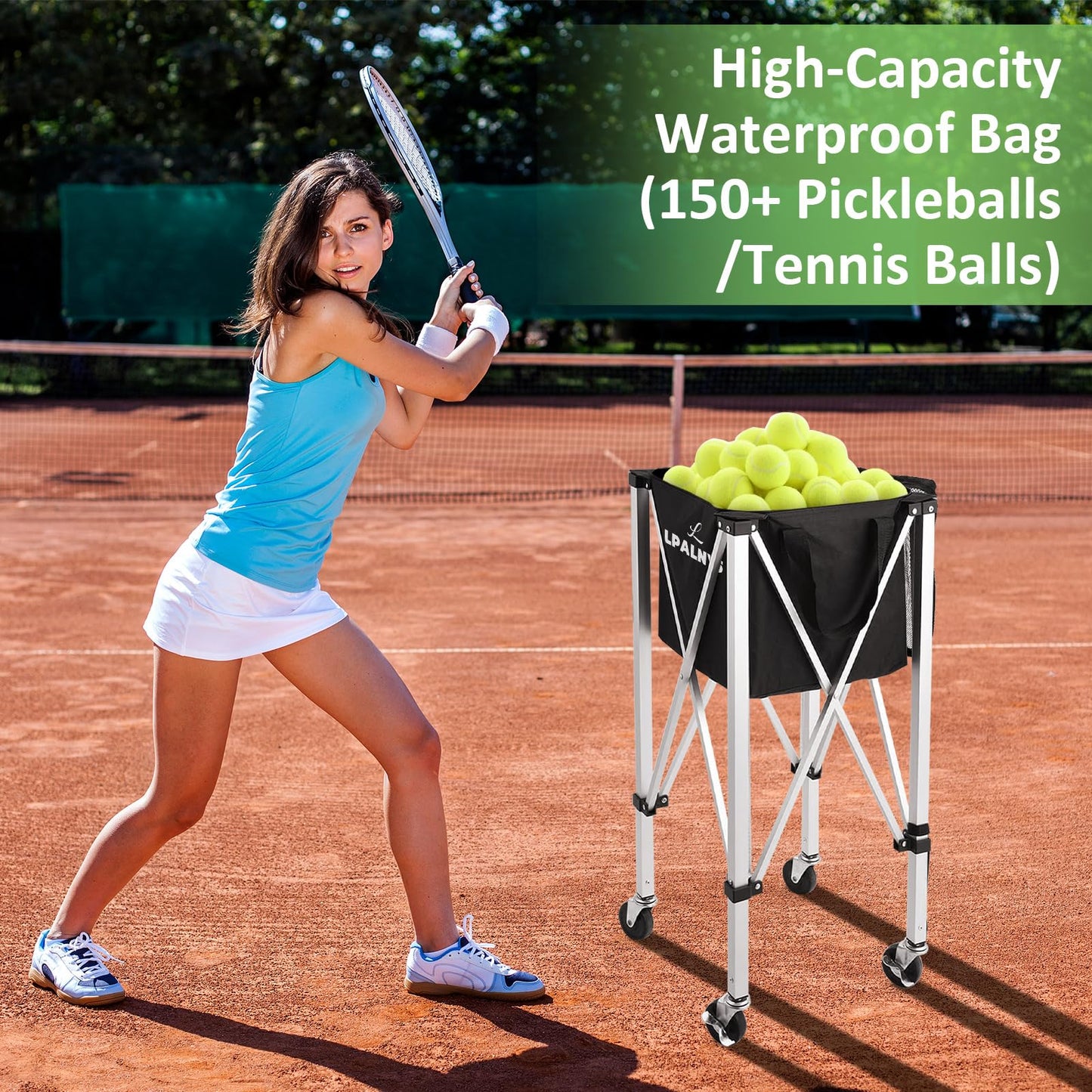 Pickleball Tennis Ball Hopper-Foldable Lightweight Tennis Cart Holds 180 Tennis/160 Pickleballs with Removable Bag,Wheels,Side Pocket for Training/Teaching, for Tennis/Pickleball/Baseball/Softball
