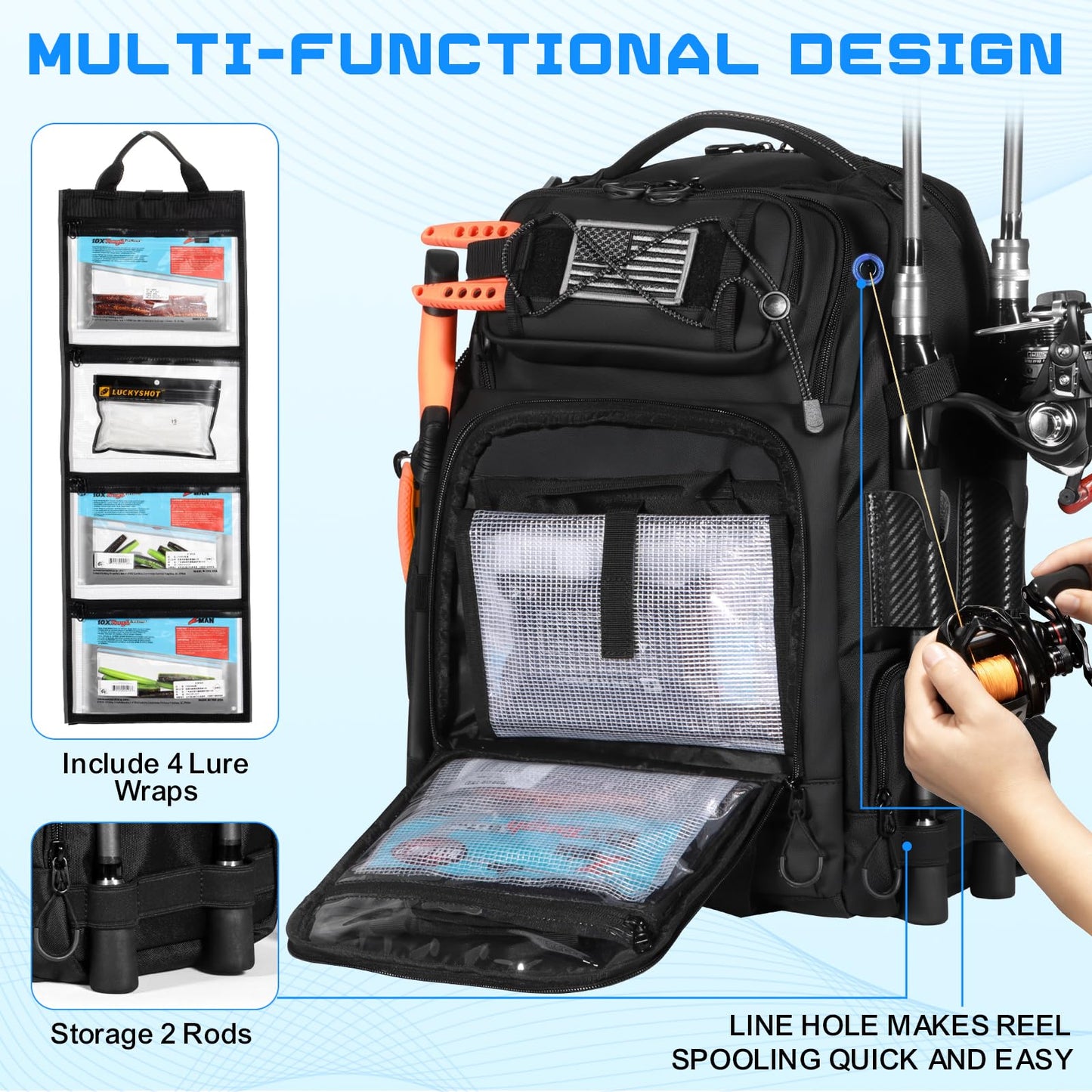 BAIXIXIG 50L Fishing Tackle Backpack with Removable Lure Wraps,2 Rod Holders Storage Fishing Gear and Equipment