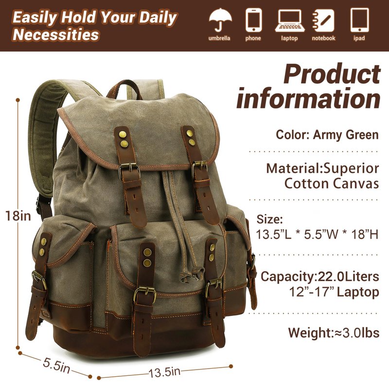 HuaChen Vintage Canvas Leather Backpack: Spacious Durable Rucksack for Men & Women, Perfect for Travel and College Life - M86 Army Green Coffee