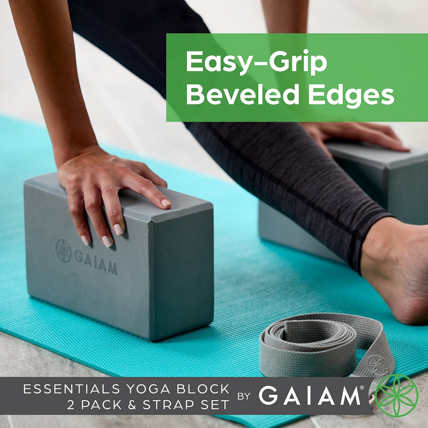 Gaiam Essentials Yoga Block 2 Pack & Yoga Strap Set, Deep Purple, 9"W x 6"H x 4"D