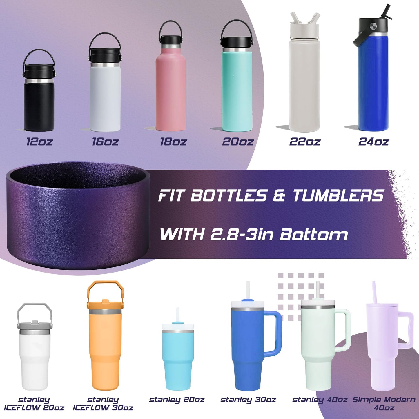 VIKIZUES Chameleon Gradient Matte Luster Silicone Boot, Compatible with Stanley Tumblers 20-40oz and 12-24oz Water Bottles with 2.8-3in Base, Anti-Slip Glitter Bottom Protector (Maroon Purple)