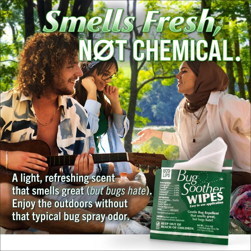 Bug Soother® Natural Insect Repellent Wipes – DEET-Free Mosquito & Bug Protection for Travel & On-the-Go, Family-Safe Plant-Based Formula – Made in USA (15 ct Pack)