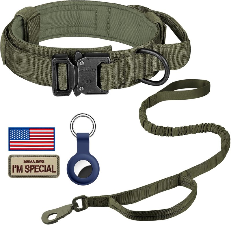 Tactical Dog Collar - Adjustable Military Nylon Design with Control Handle & Heavy Metal Buckle | Large Green Set for Medium & Large Dogs