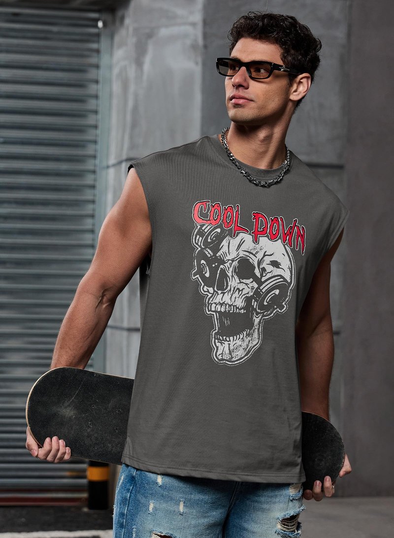 VOGSTART Men Tank Top Loose Fit Designer Tee Summer Cozy Shirts Classic Cut Off Cotton Novelty Gym Soft Sleeveless Graphic Training Sport Exercise Motion Muscle Dark Grey Skull M