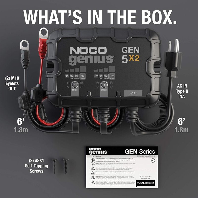 NOCO Genius 2-Bank Battery Charger | 10A Onboard Waterproof Marine Charger for Lead-Acid & Lithium Batteries - Overcharge Protection & Temperature Compensation