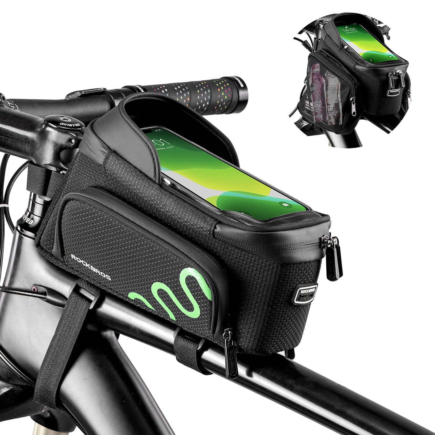 ROCKBROS Bicycle Phone Holder with Side Bags (Up to 2L) Bike Frame Bag Bike Phone Mount Bag Bike Top Tube Bag for Cycling Mountain Road Bike Pouch Accessories Storage Bag