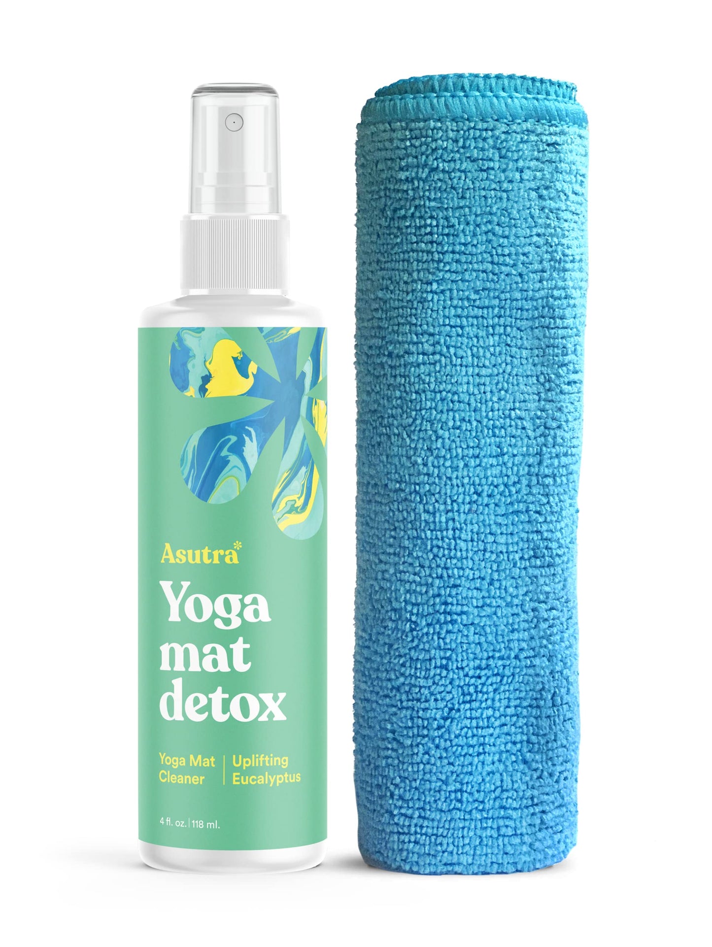 ASUTRA Yoga Mat Cleaner Spray (Uplifting Eucalyptus), 4 fl oz - No Slippery Residue, Organic Essential Oils, Deep-Cleansing for Fitness Gear & Gym Equipment, Microfiber Towel Included