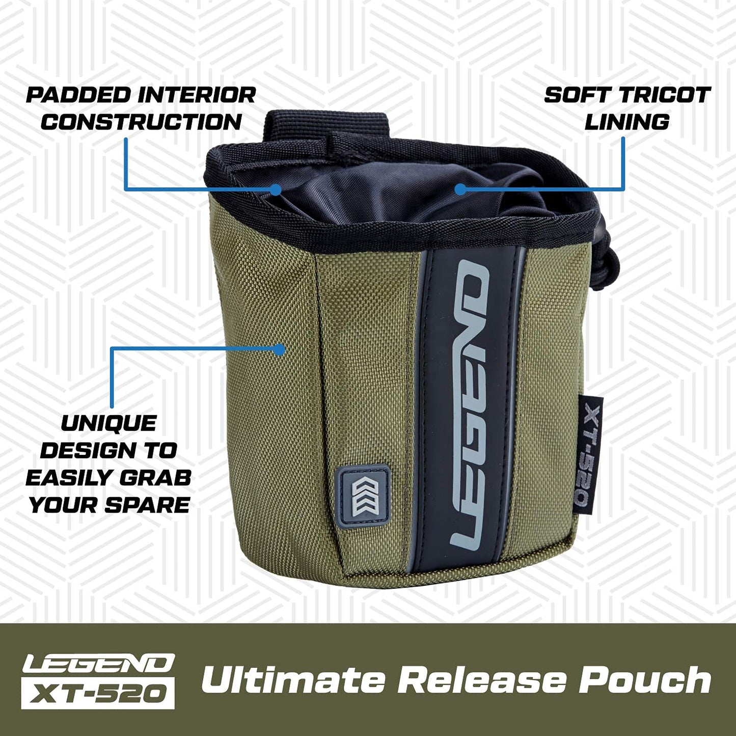 LEGEND XT520 Quick Release Pouch & Finger Tab Bag - Interior Divider for Better Organization & Storage of Release Aids - Attaches to Standard 2" Belt - Quick Drawstring Closure (Army Green)