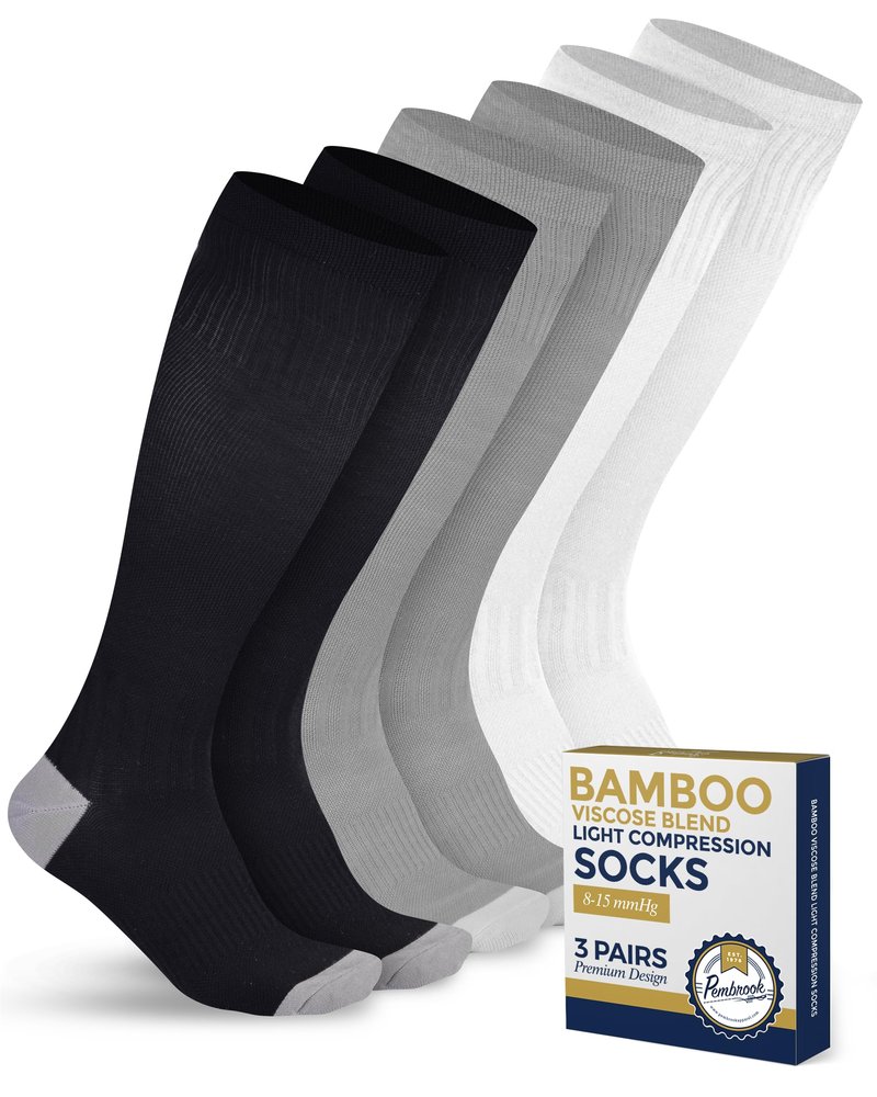 Pembrook Bamboo Viscose Light Compression Socks - 3 Pairs | 8-15 mmHg Compression Socks Women and Men | Support for Soreness, Varicose Veins, Edema | Black, White, Gray