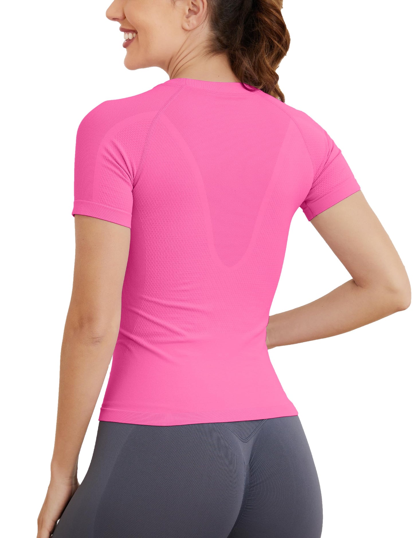 MathCat Short Sleeve Workout Tops for Women, Seamless Women's Compression Shirt, Yoga Running Athletic Shirts Soft Gym Tops Hot Pink