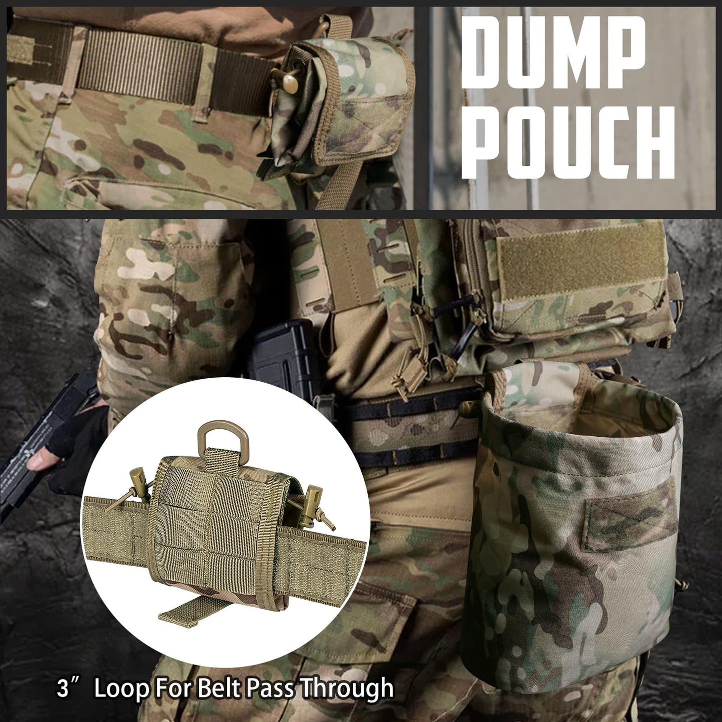 Lonloke Dump Pouch for Belt with 2 Removable MOLLE Straps, Foldable Roll-Up Drawstring Recovery Mag Magazine Ammo Tool Bag for Hunting Shooting Paintball