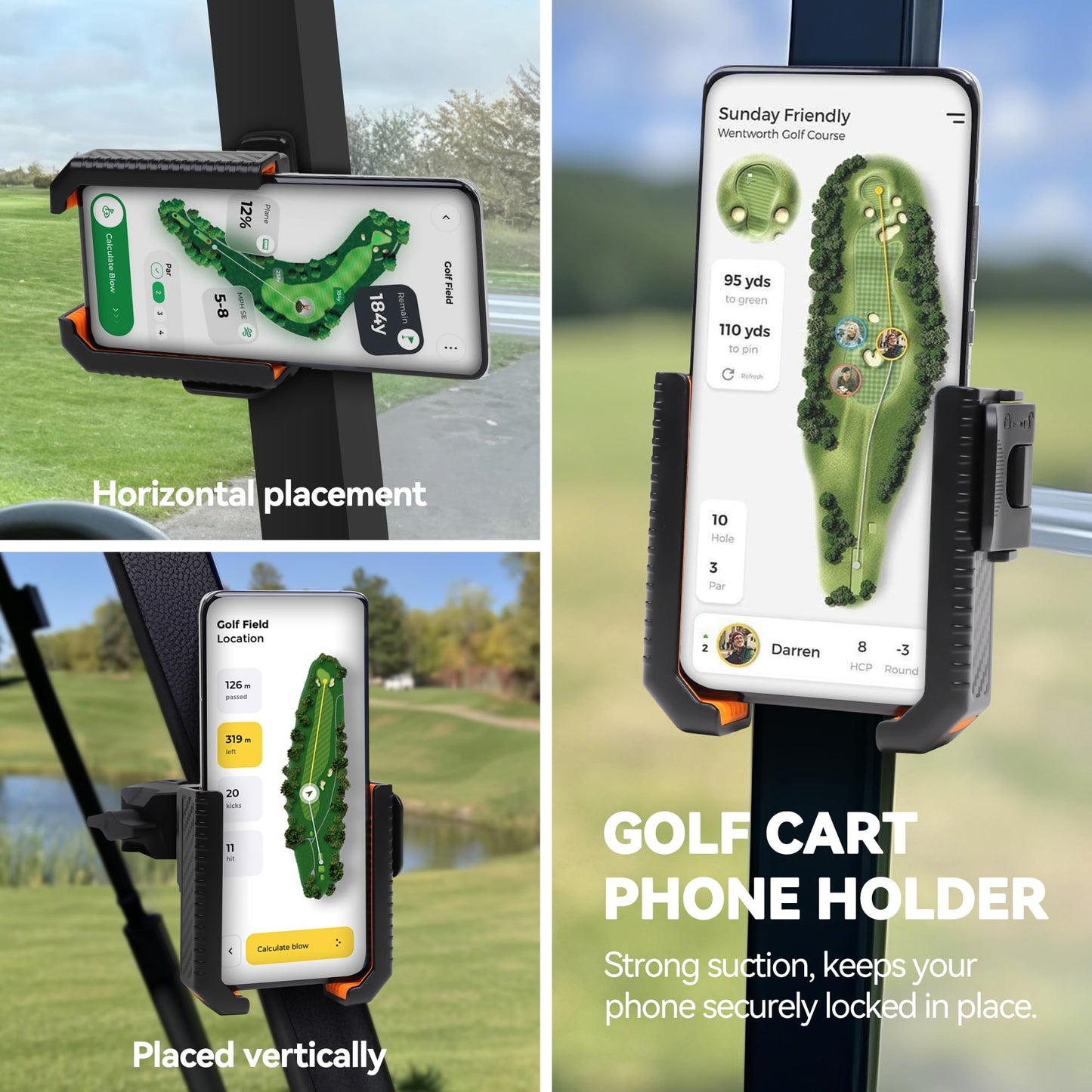 ROWFEN Phone Holder for Golf Cart - Golf Phone Holder with 2 Bases (Magnetic Base & Clamp Base), 360° Rotation, Universal Fit for Smartphones/Thick Cases, Secure Hands-Free Golf Accessories (Orange)