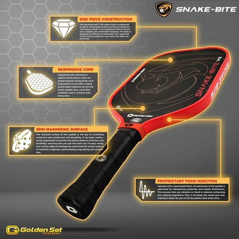 Golden Set Snake-Bite VX Pickleball Paddle | Thermoformed | T-700 Carbon Fiber | Mid-Weight | USAP Approved (1)