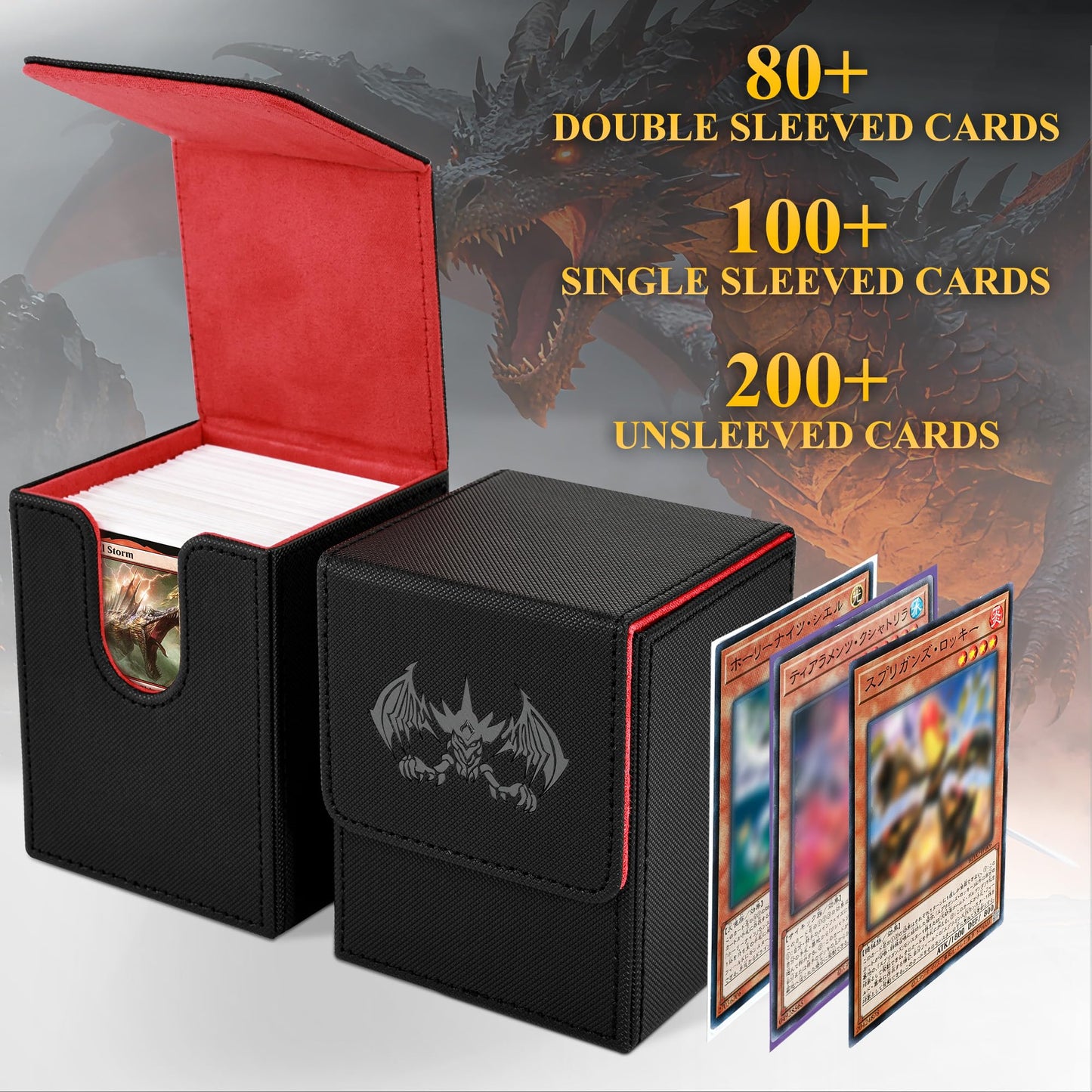 UAONO Card Deck Box for Yugioh MTG Cards, 100+ Deck Case with 2 Dividers Fits TCG CCG, PU Leather Card Storage Box Compatible with Collectible Trading Cards (Black&Red, Extinction Dragon)
