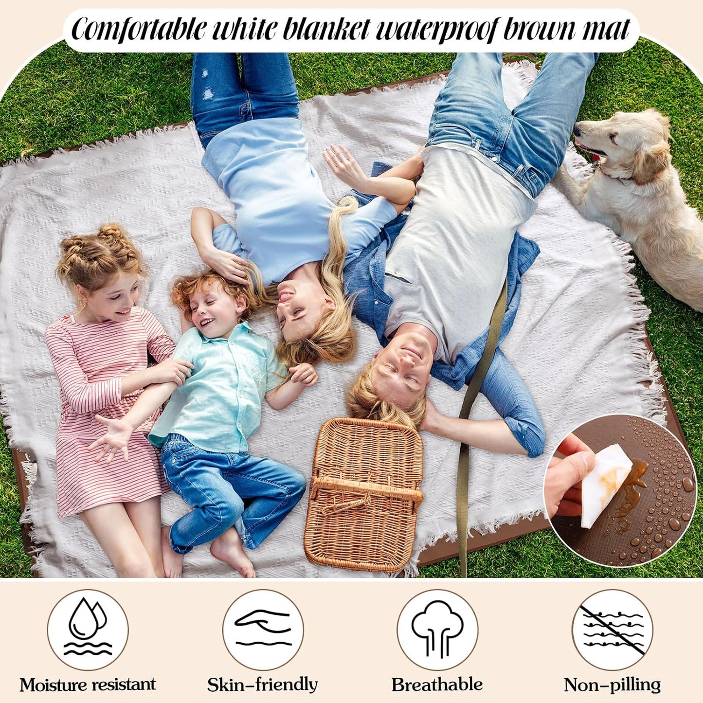Waterproof Picnic Blanket - 71x71 Inch Foldable Outdoor Mat | Double Layer Sandproof Beach Blanket with Carry Strap (White)