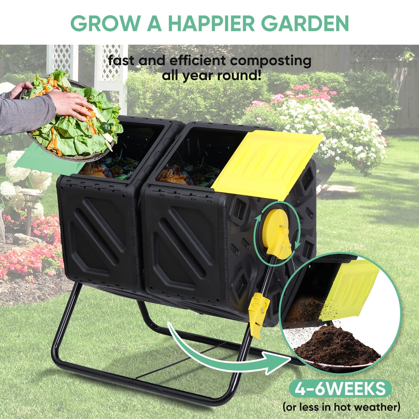 HomGarden Large Dual Chamber Compost Tumbler Heavy-Duty Outdoor Bin Composter with 2 Sliding Doors Easy-Turn, All-Season 37 Gallon High Volume Composter Black