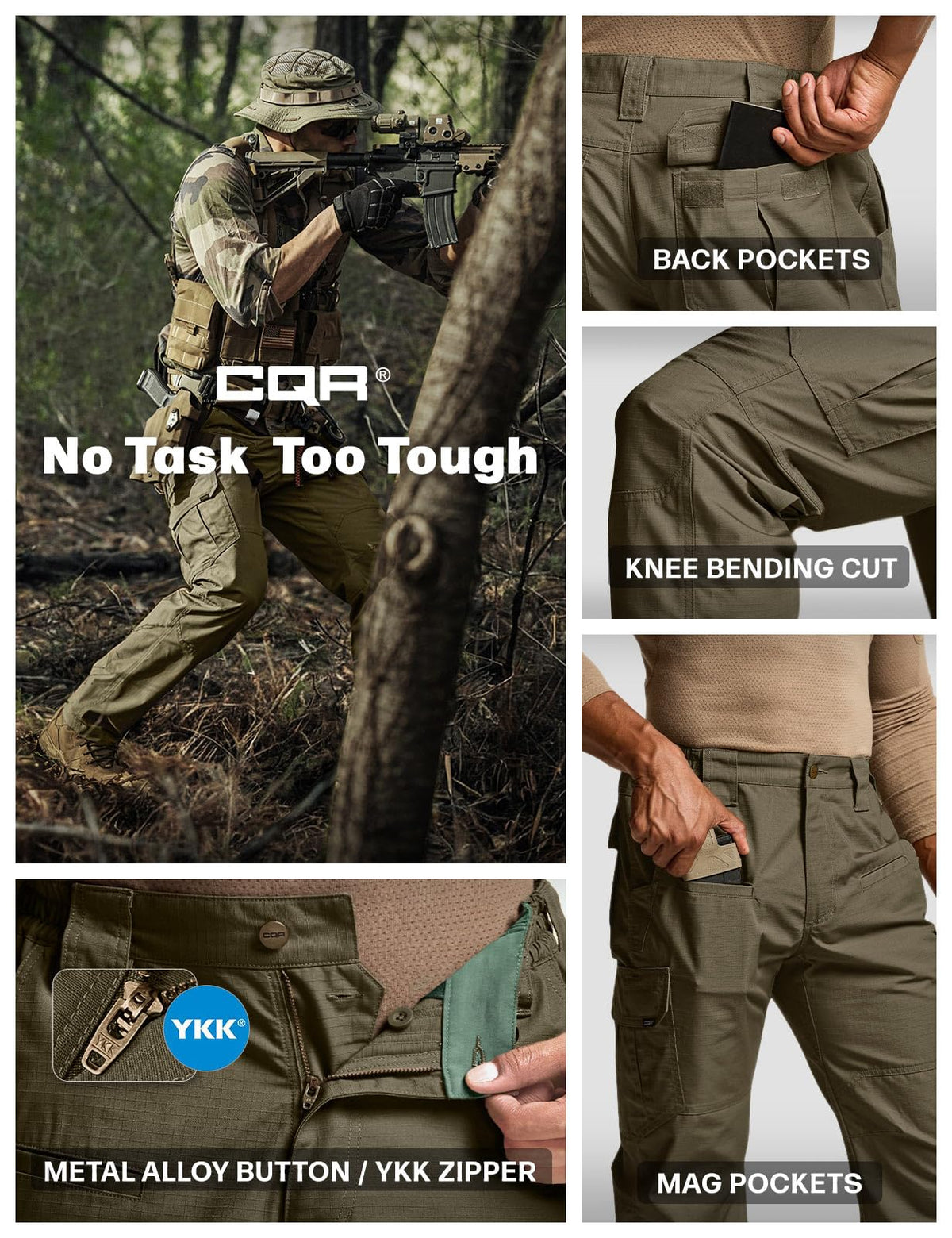 CQR Men's Tactical Pants, Water Resistant Ripstop Cargo Pants, Lightweight EDC Work Hiking Pants, Outdoor Apparel, Raider Soil Green, 30W x 32L