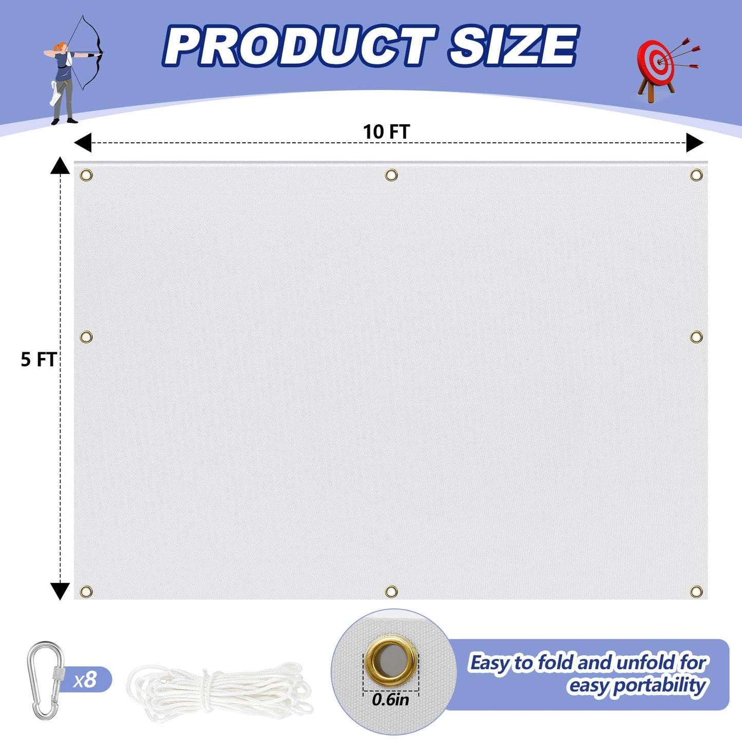 Silipull Archery Backstop Netting Heavy Duty with Rope and Hooks Slingshot Archery Net for Backyard Shooting Accessories(5 ft X 10 ft X 4 Mm, 65 Lbs,White)