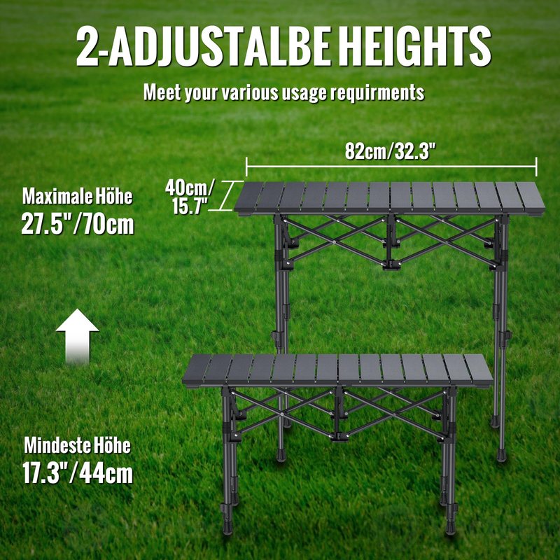 GARLLEN Folding Camping Table, 2-Height Adjustable Portable Roll-up Camping Table with Storage Net, Lightweight Aluminum Picnic Table with Carrying Bag for Cooking, BBQ, Outdoor, 32.2" L x 15.7" W