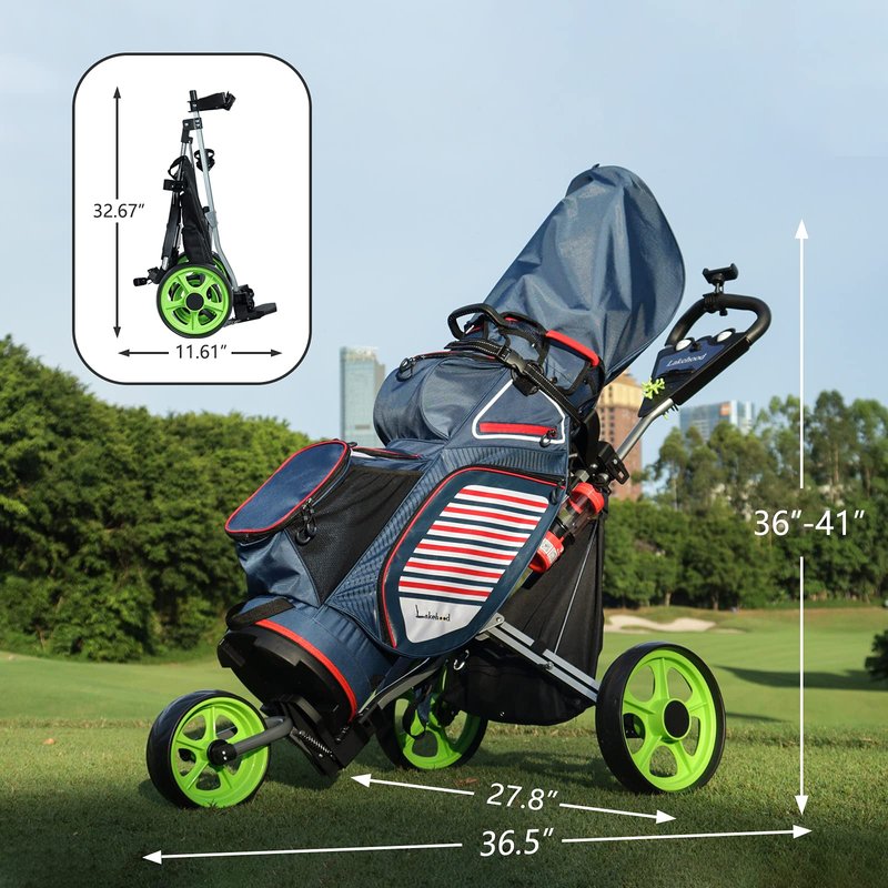 Lakehood Golf Push Cart, Golf Pull Cart for Golf Clubs and Golf Bag, Golf Push Carts Three Wheel Easy to Folding Scorecard Holder with Mobile Phone Holder Storage Bag Golf Carts (Green)