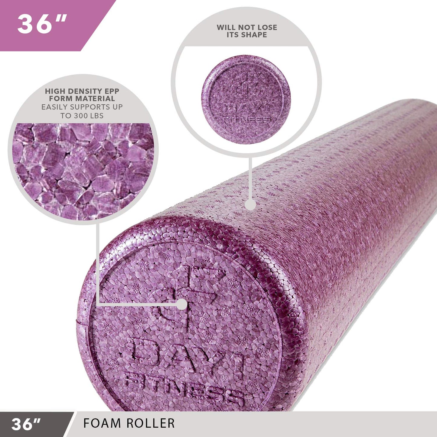 Day 1 Fitness High Density Muscle Foam Rollers - Sports Massage Rollers for Stretching, Physical Therapy, Deep Tissue, Myofascial Release - Ideal for Exercise and Pain Relief – Solid Purple, 24”