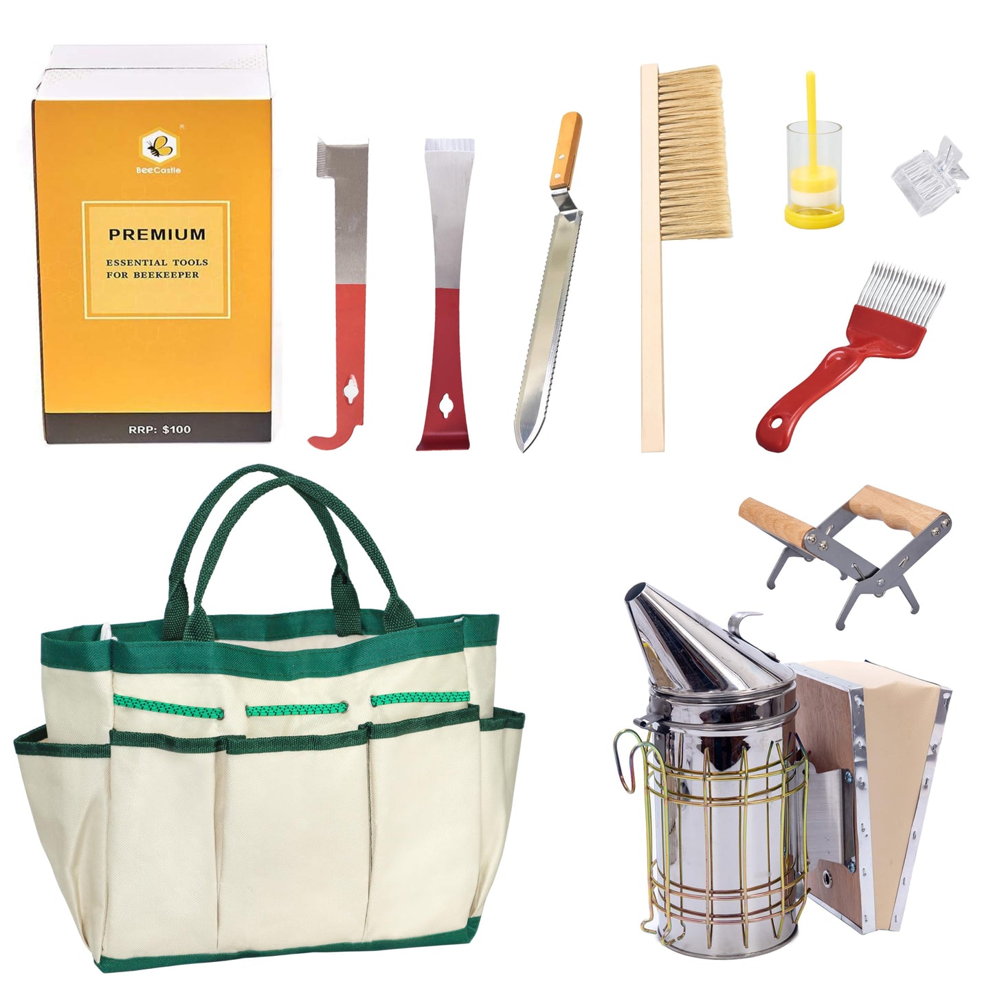 BeeCastle 9 Pcs Beekeeping Tools Kit with Organizer Tote for Beekeepers, Necessary Beekeeping Supplies Bee Keeping Starter Kit Includes Bee Smoker Kit and Beehive Tools
