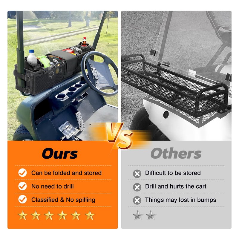 1680D Heavy-Duty Golf Cart Storage Basket - Multi-Functional No-Drilling Organizer with Cup Holder, Fits EZGO/Club Car/Yamaha/Kandi Golf Carts