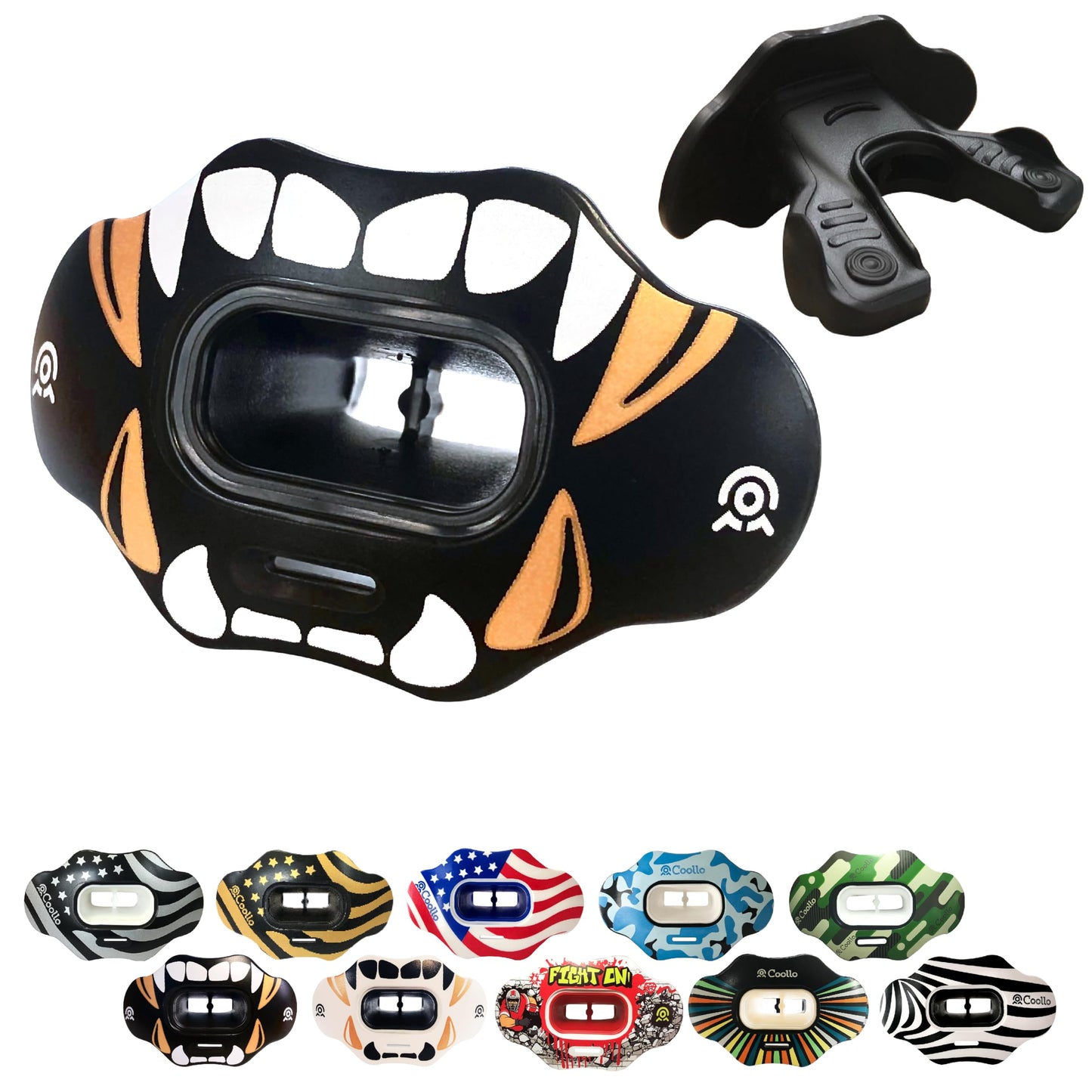 COOLLO SPORTS Lip Guard Mouthguard MAXX/Might Football and High Impact Sports Lip Protector for Adults & Youth (Strap Included) (Golden White Fangs -(One Layer), Without Case (Adult 8+))
