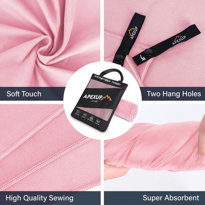 APEXUP Microfiber Travel Towel, Ultra Absorbent Quick Dry Towels, Lightweight Gym Sports Camping Towel for Workout, Yoga, Beach, Shower, Swimming (60"×30", Pale Rose)