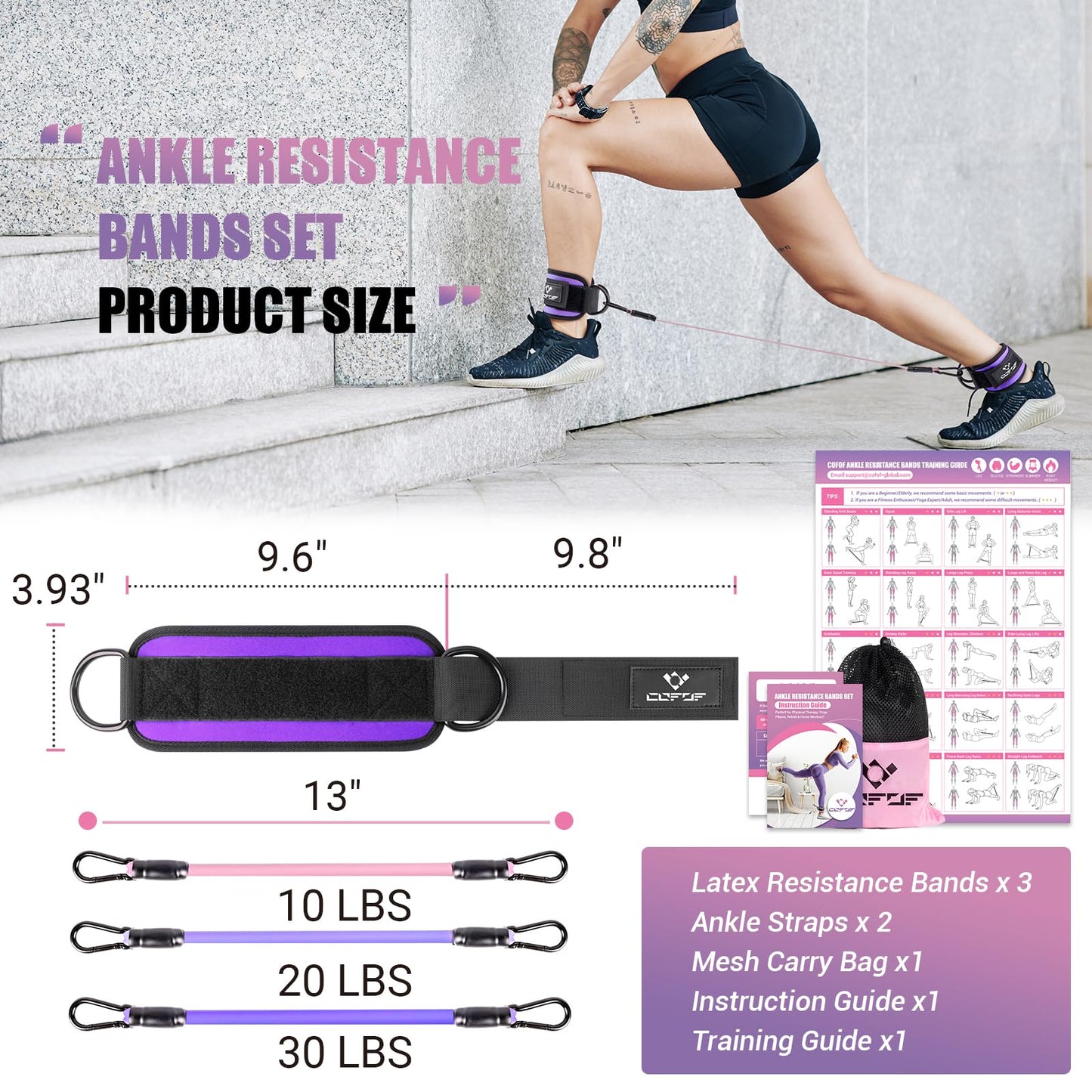 Ankle Resistance Bands with Cuffs, Ankle Bands for Working Out, Ankle Band Cuff for Kickbacks Hip, Leg Glute Exercise Equipment with Training Poster, Resistance Band with Ankle Cuffs for Women(Purple)