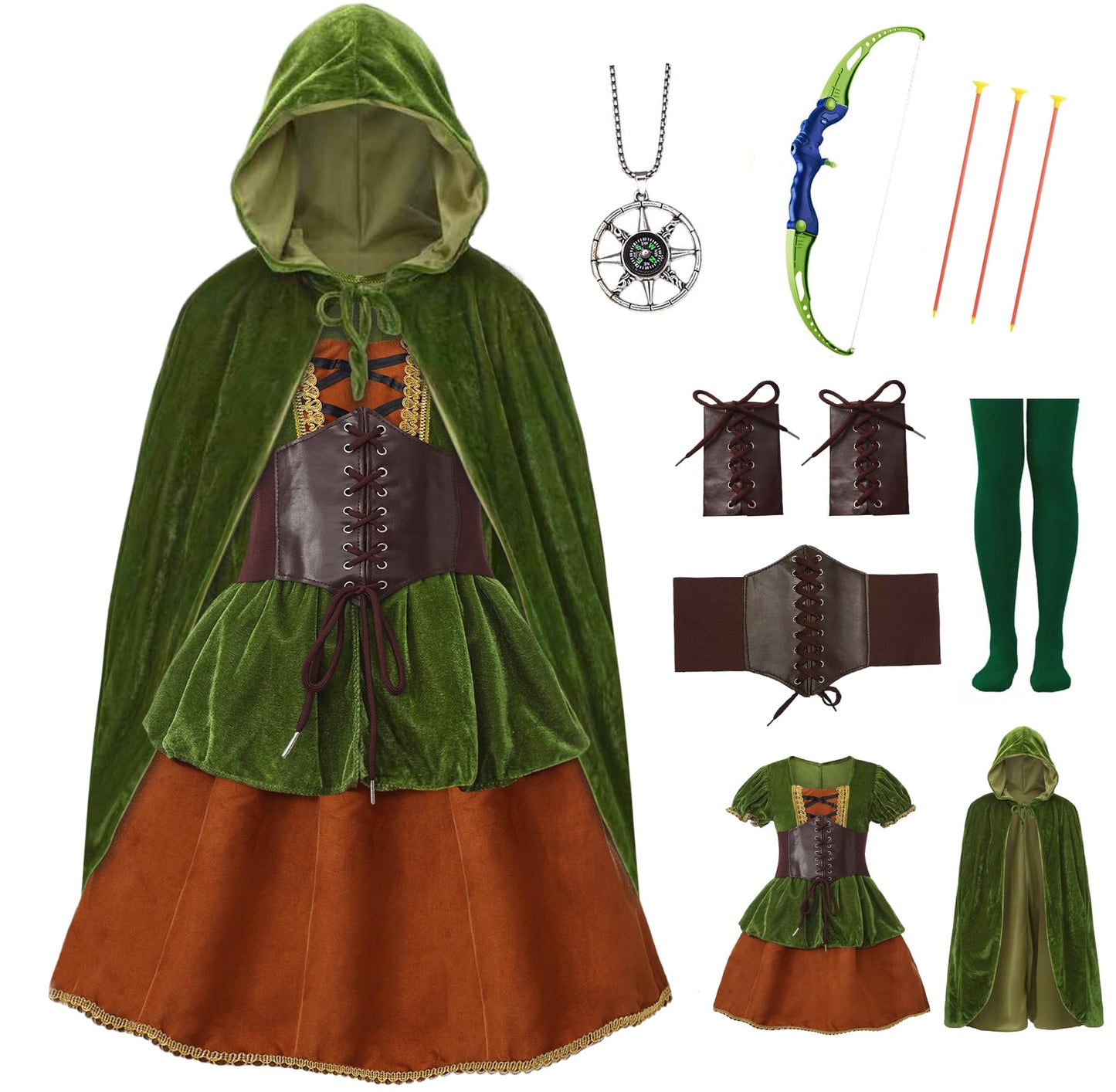 Mecamelon 7 Pcs Archer Costume for Girls Medieval Renaissance Hunter Dress Costume with Cape (Green, 7-8 Years)